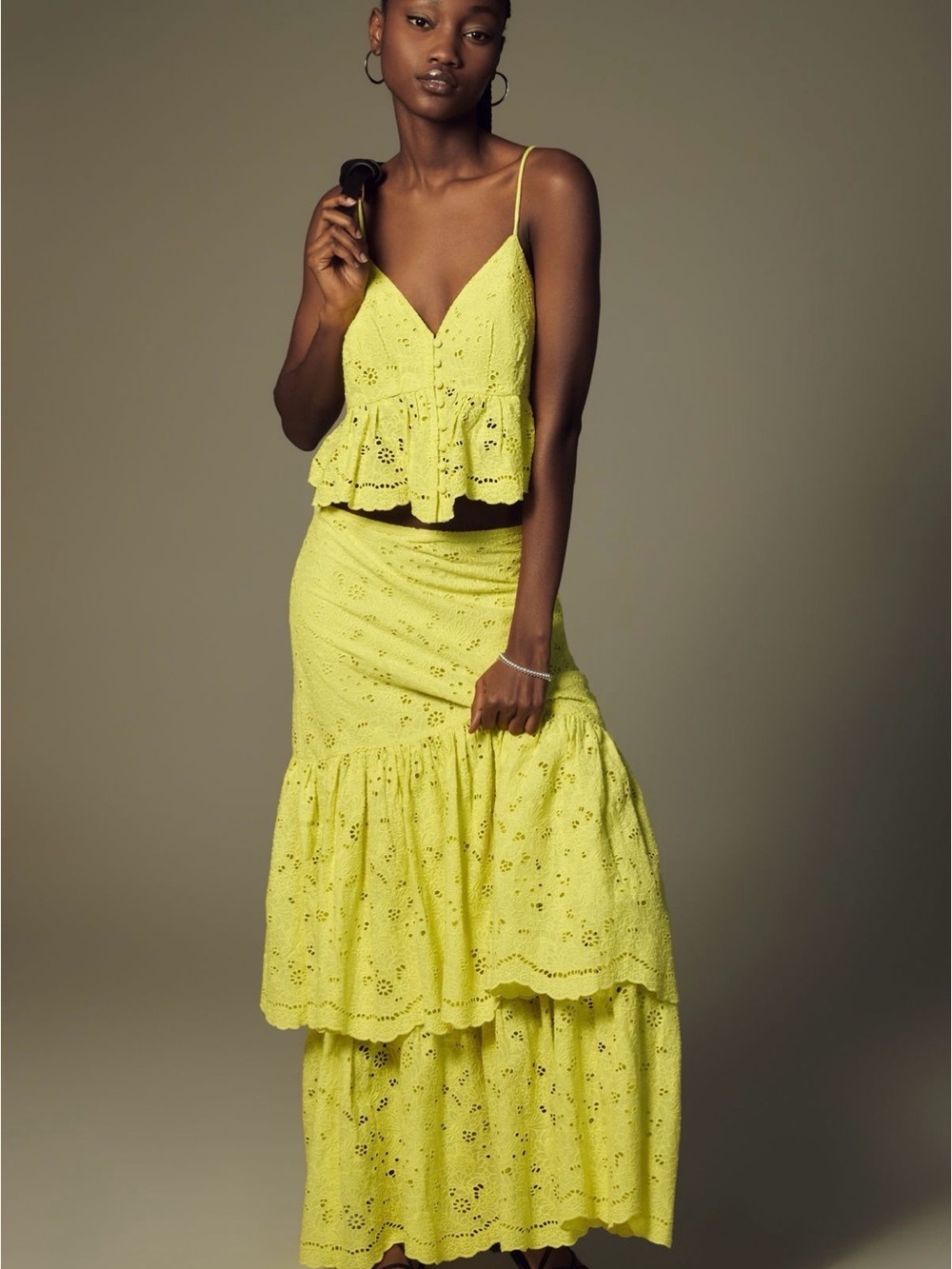 Anthropologie Maeve tiered lace skirt in a vibrant chartreuse color